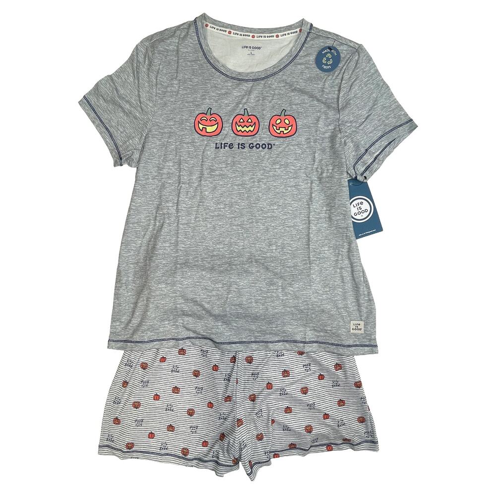 Life Is Good Jack-O-Lantern Sleep Set Sz L New Grey Tee Shorts Halloween Pajamas